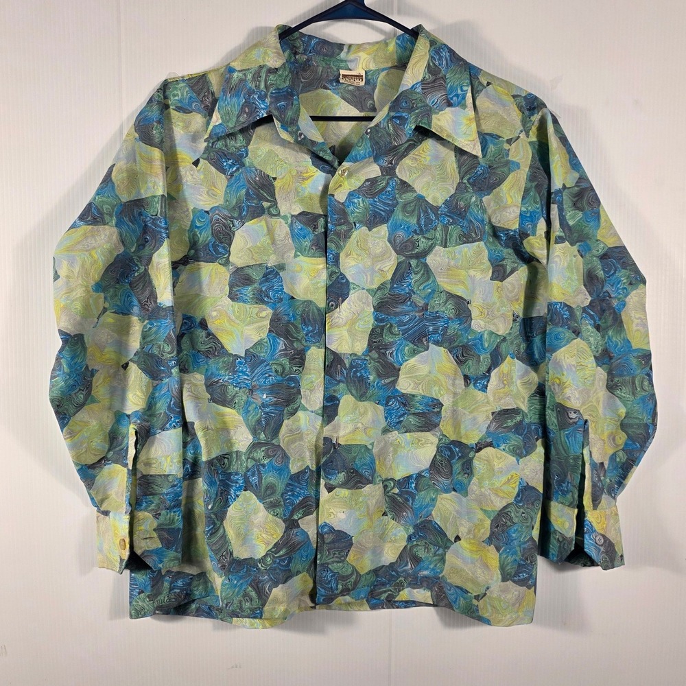 Vintage Montgomery Ward 70s Psychedelic Marble Swirl Shirt Mens XL Blue Green